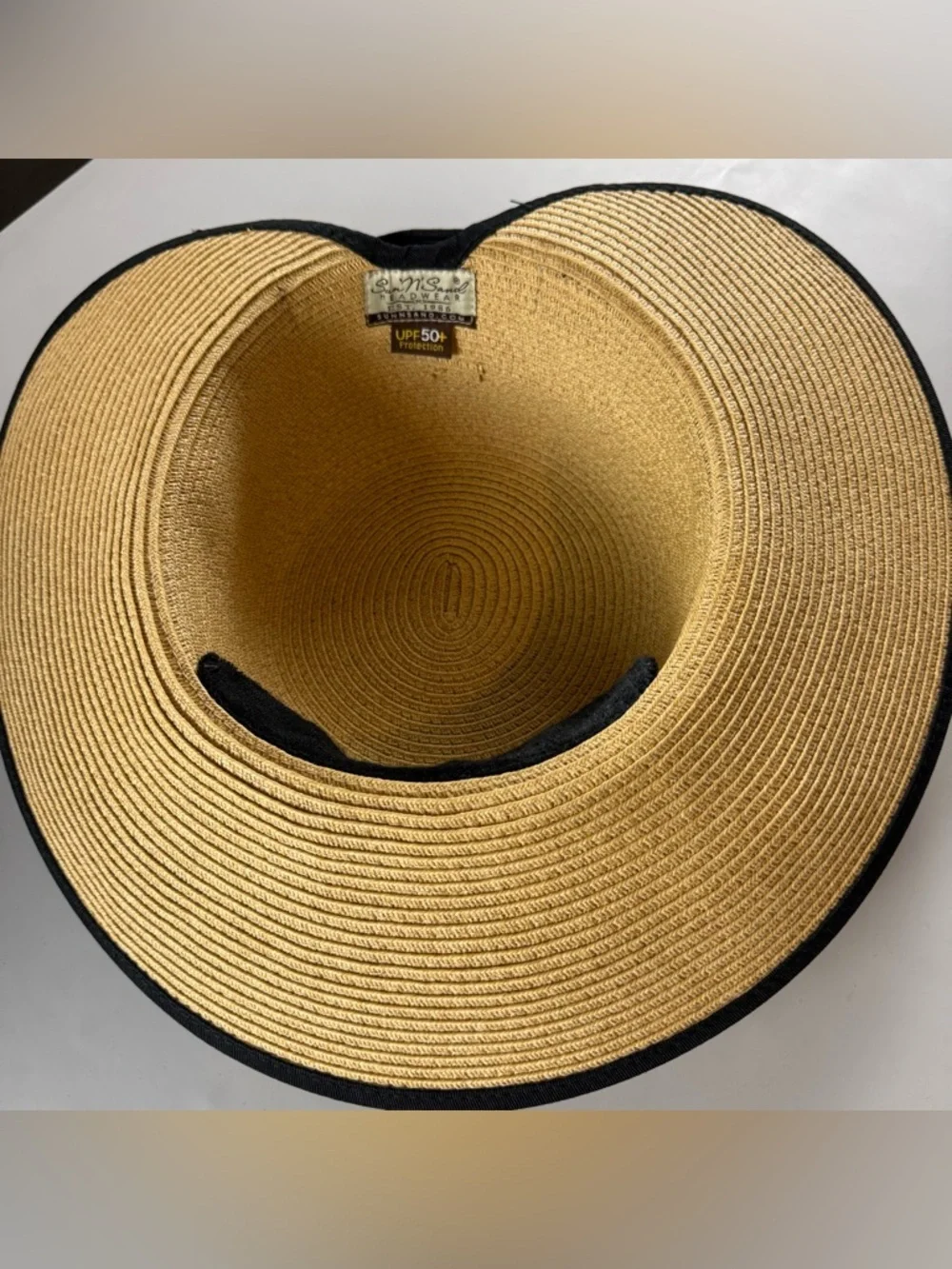 Sun N Sand Straw Wide Brim Hat Tan Black Trim UPF 50+ Adjustable